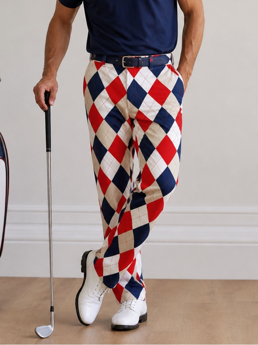 Loudmouth Golf Argyle Diamond Pants Red Navy Khaki Mens 36 x 34